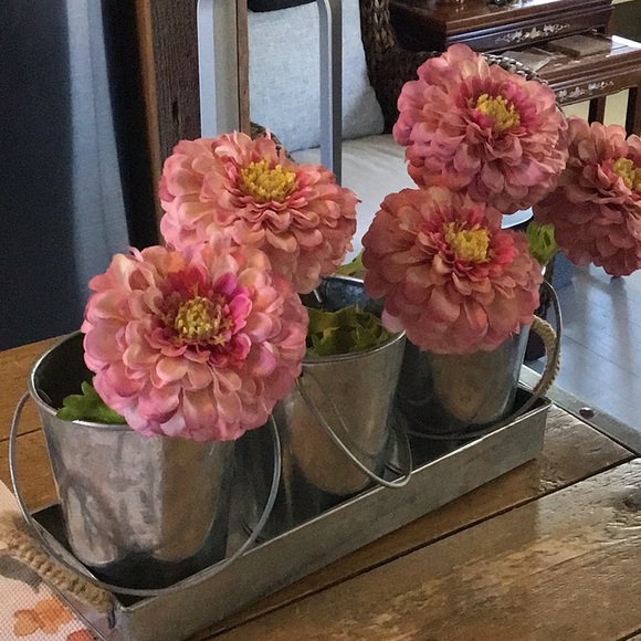 Flowers in metal buckets in tray - Picture 2 of 7